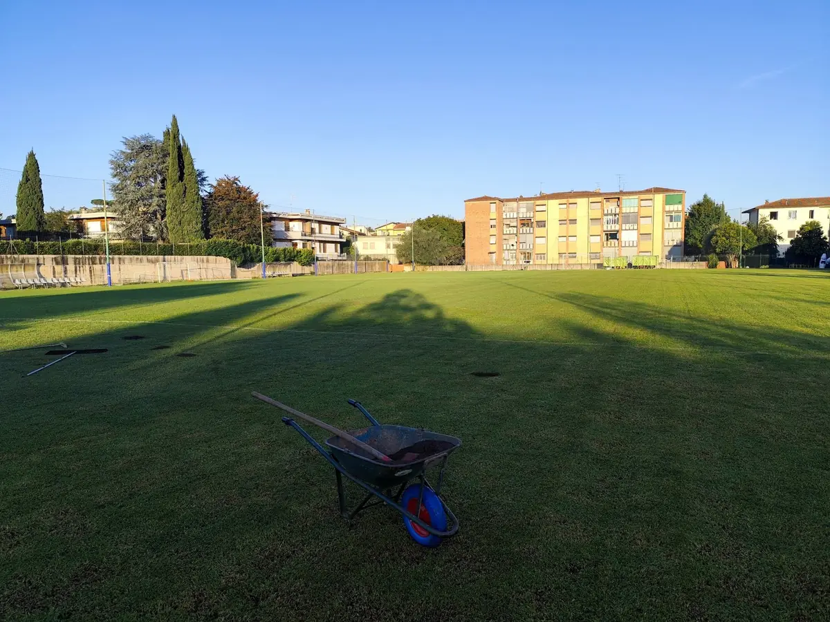 Carriola e attrezzi in primo piano su un campo da calcio tagliato a righe nette, alba con luce radente