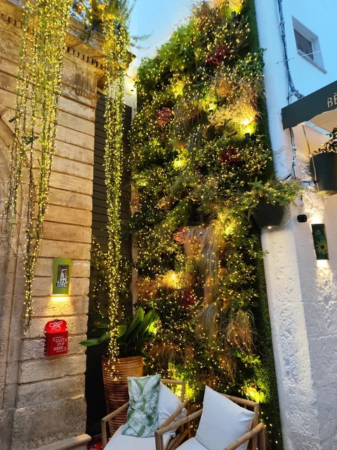Parete verde illuminata con cascate di luci calde